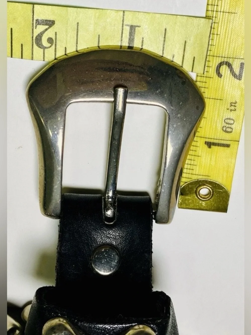Vintage Heavy Sand Castle Black Leather Polished Steel 90s Biker Rocker Belt